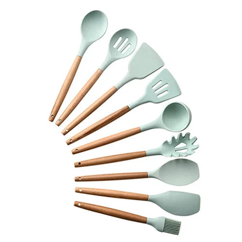 Silicone Kitchenware Cooking Utensils Set Non-stick Cookware Spatula Shovel Egg Beaters Wooden Handle Kitchen Cooking Tool Set