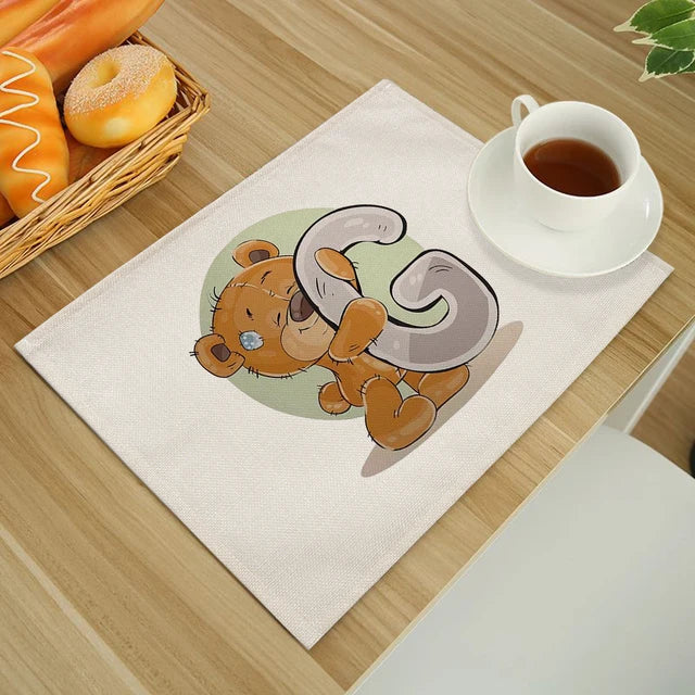 Cute Cartoon Animal Bear Kitchen Placemat for Children Kids English Alphabet A-Z Print Cotton Linen Dining Table Mats Coaster