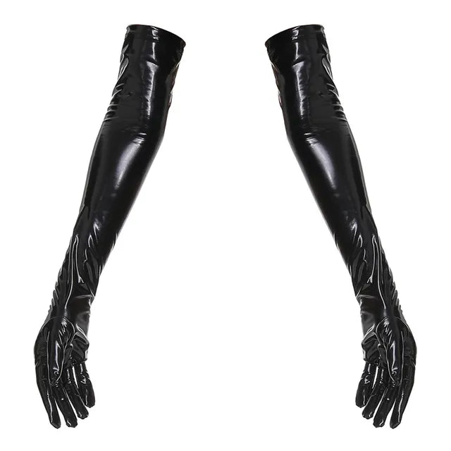 Women PU Leather Wetlook Shiny High Stockings Mittens Long Leather Gloves Disco Party Dance Clubwear Cosplay Costumes Red Black