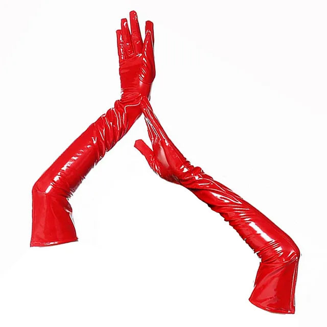 Women PU Leather Wetlook Shiny High Stockings Mittens Long Leather Gloves Disco Party Dance Clubwear Cosplay Costumes Red Black