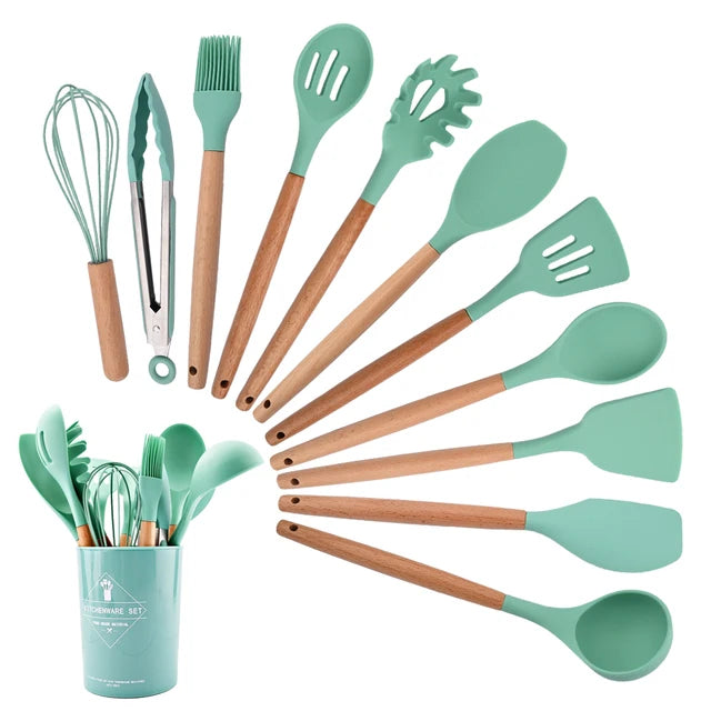 Blue Heat Resistant Silicone Kitchenware Cooking Utensils Set Kitchen Non-Stick Cooking Utensils Baking Tools With Storage Box