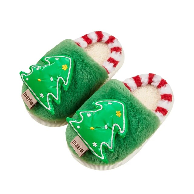 Lioraitiin Kids Baby Winter Slippers Christmas Tree Fluffy Warm Plush Slippers Non Slip House Shoes for Toddlers Indoor Outdoor