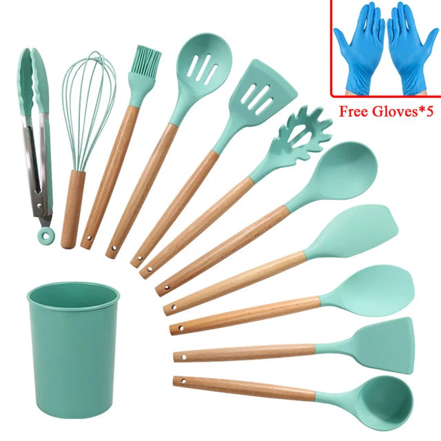 11/12PCS Silicone Kitchenware Non-Stick Cookware Kitchen Utensils Set Spatula Shovel Egg Beaters Wooden Handle Cooking Tool Set