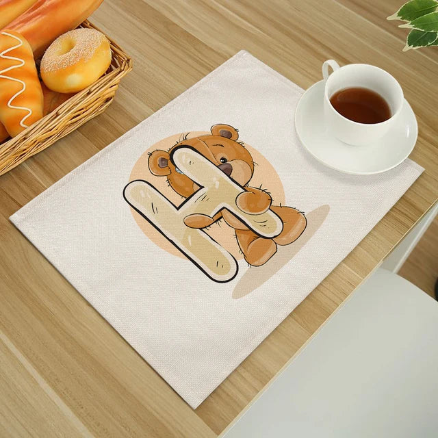 Cute Cartoon Animal Bear Kitchen Placemat for Children Kids English Alphabet A-Z Print Cotton Linen Dining Table Mats Coaster