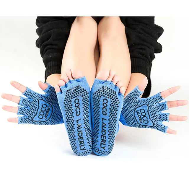 Women Yoga Non-slip Glove & Sock Set Cotton Sweat-absorbing Sports Five-toed Socks