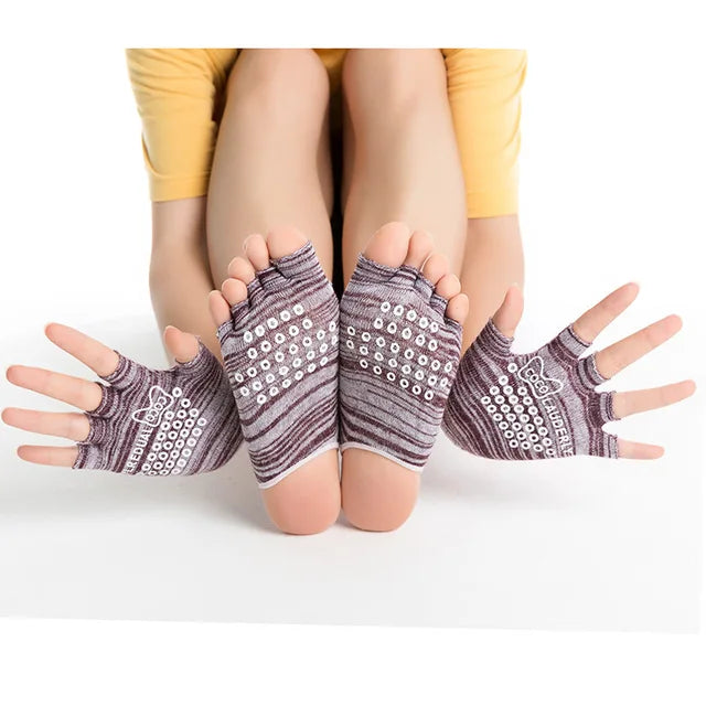 Women Yoga Non-slip Glove & Sock Set Cotton Sweat-absorbing Sports Five-toed Socks