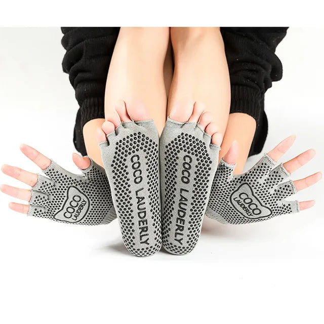 Women Yoga Non-slip Glove & Sock Set Cotton Sweat-absorbing Sports Five-toed Socks