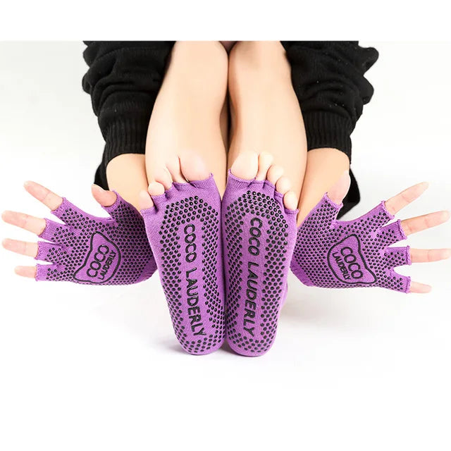 Women Yoga Non-slip Glove & Sock Set Cotton Sweat-absorbing Sports Five-toed Socks