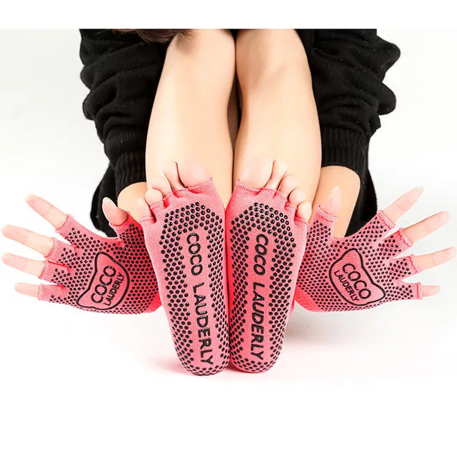 Women Yoga Non-slip Glove & Sock Set Cotton Sweat-absorbing Sports Five-toed Socks