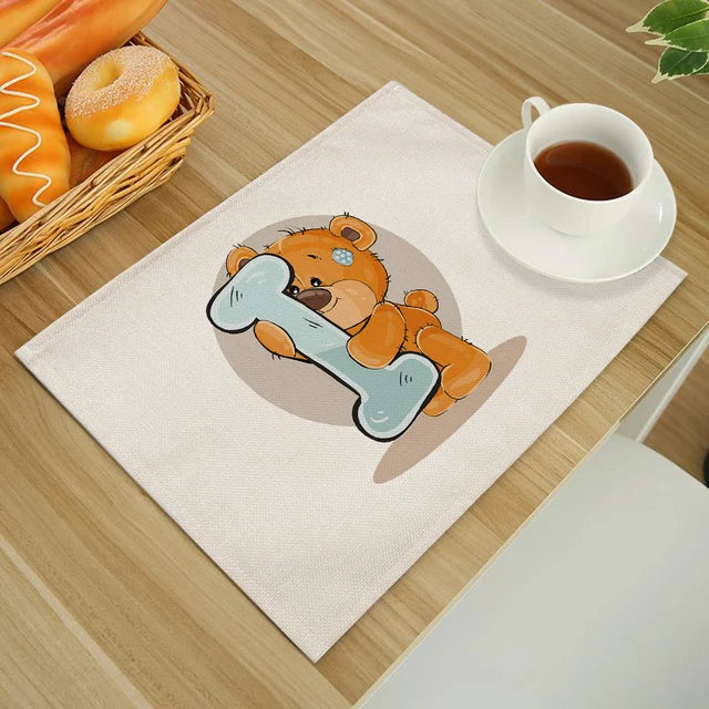 Cute Cartoon Animal Bear Kitchen Placemat for Children Kids English Alphabet A-Z Print Cotton Linen Dining Table Mats Coaster