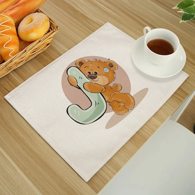 Cute Cartoon Animal Bear Kitchen Placemat for Children Kids English Alphabet A-Z Print Cotton Linen Dining Table Mats Coaster