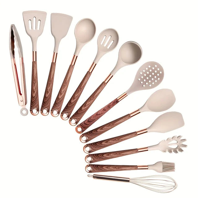 Silicone Cooking Utensils Set Kitchen Non-stick Tool Gold Plated Handle Gadgets BPA FREE Kitchenware Heat Resistant Spatula Set