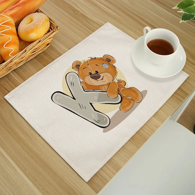 Cute Cartoon Animal Bear Kitchen Placemat for Children Kids English Alphabet A-Z Print Cotton Linen Dining Table Mats Coaster