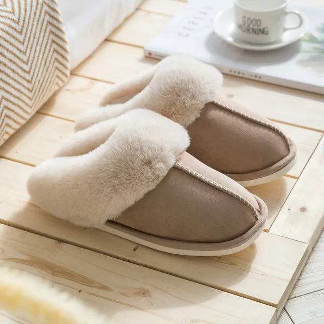 2023 Winter Warm Home Fur Slippers Women Luxury Faux Suede Plush Couple Cotton Shoes Indoor Bedroom Flat Heels Fluffy Slippers