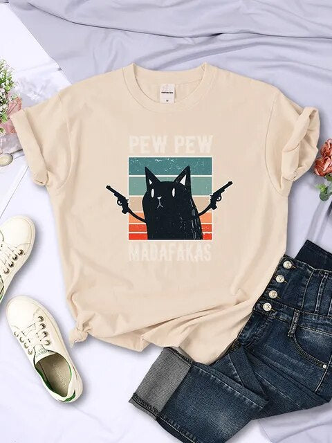 Pew Pew Madafaks Cute Funny Print Women T Shirts Hip Hop Vintage Tee Clothes Creativity Casual Tops Crewneck Womans Short Sleeve