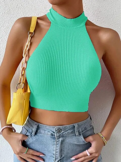 Summer Dopamine Women Basics Casual Knit Sleeveless Corset Halter Crossfit Crop Top Y2k Clothes Femme Stretch Sweater Tank