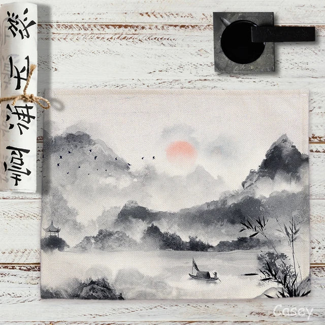 Chinese Landscape Ink Painting Placemat Kitchen Decor Linen Dining Table Mats Coaster Pad Bowl Coffee Cup Mat Tablecloth 42x32CM