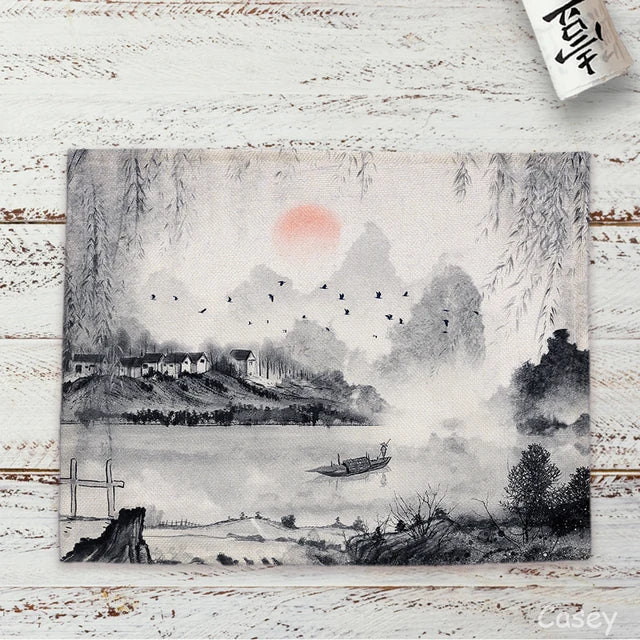 Chinese Landscape Ink Painting Placemat Kitchen Decor Linen Dining Table Mats Coaster Pad Bowl Coffee Cup Mat Tablecloth 42x32CM