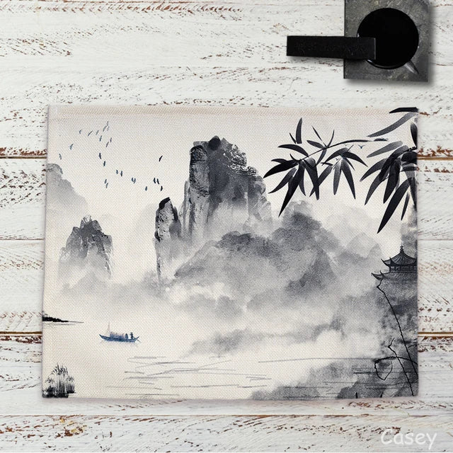 Chinese Landscape Ink Painting Placemat Kitchen Decor Linen Dining Table Mats Coaster Pad Bowl Coffee Cup Mat Tablecloth 42x32CM