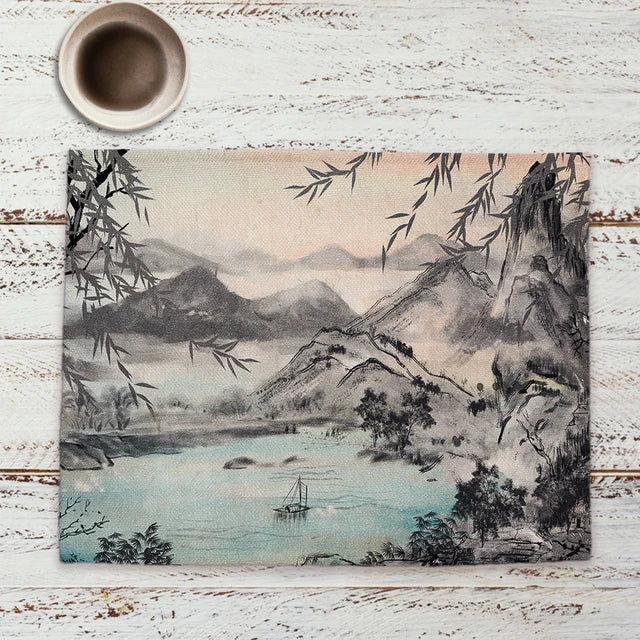 Chinese Landscape Ink Painting Placemat Kitchen Decor Linen Dining Table Mats Coaster Pad Bowl Coffee Cup Mat Tablecloth 42x32CM