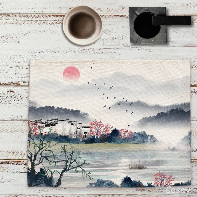 Chinese Landscape Ink Painting Placemat Kitchen Decor Linen Dining Table Mats Coaster Pad Bowl Coffee Cup Mat Tablecloth 42x32CM