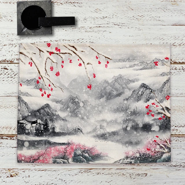 Chinese Landscape Ink Painting Placemat Kitchen Decor Linen Dining Table Mats Coaster Pad Bowl Coffee Cup Mat Tablecloth 42x32CM