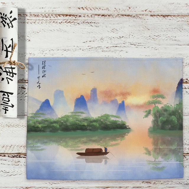 Chinese Landscape Ink Painting Placemat Kitchen Decor Linen Dining Table Mats Coaster Pad Bowl Coffee Cup Mat Tablecloth 42x32CM