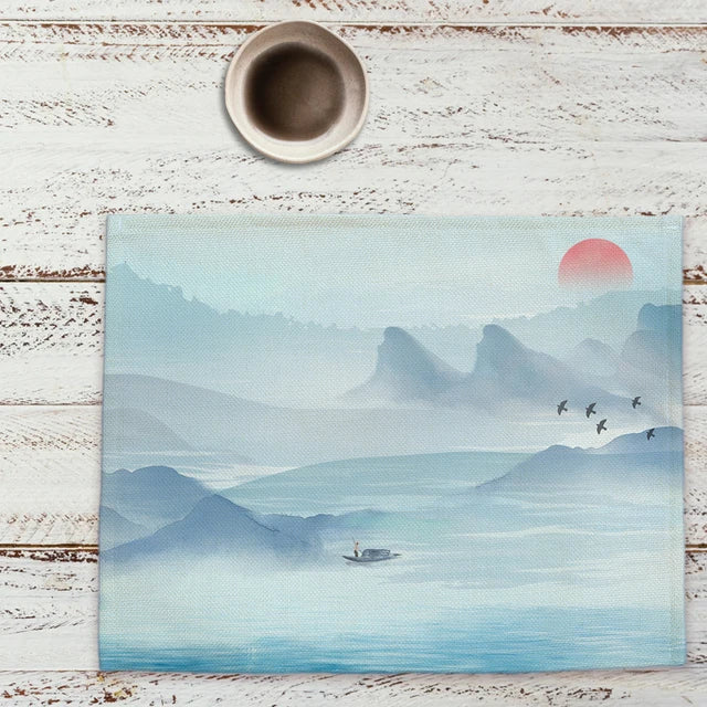 Chinese Landscape Ink Painting Placemat Kitchen Decor Linen Dining Table Mats Coaster Pad Bowl Coffee Cup Mat Tablecloth 42x32CM