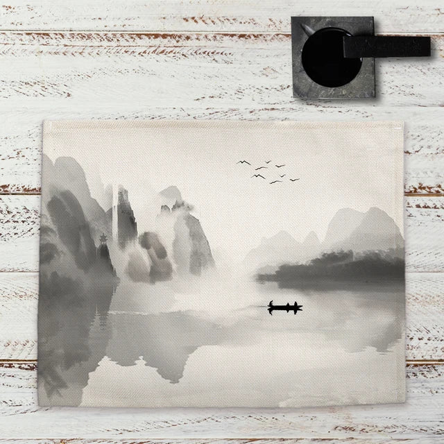 Chinese Landscape Ink Painting Placemat Kitchen Decor Linen Dining Table Mats Coaster Pad Bowl Coffee Cup Mat Tablecloth 42x32CM