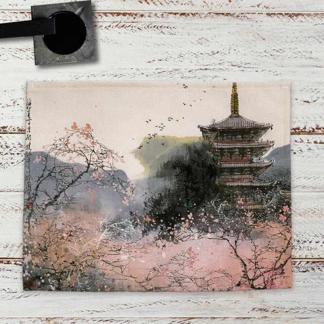 Chinese Landscape Ink Painting Placemat Kitchen Decor Linen Dining Table Mats Coaster Pad Bowl Coffee Cup Mat Tablecloth 42x32CM