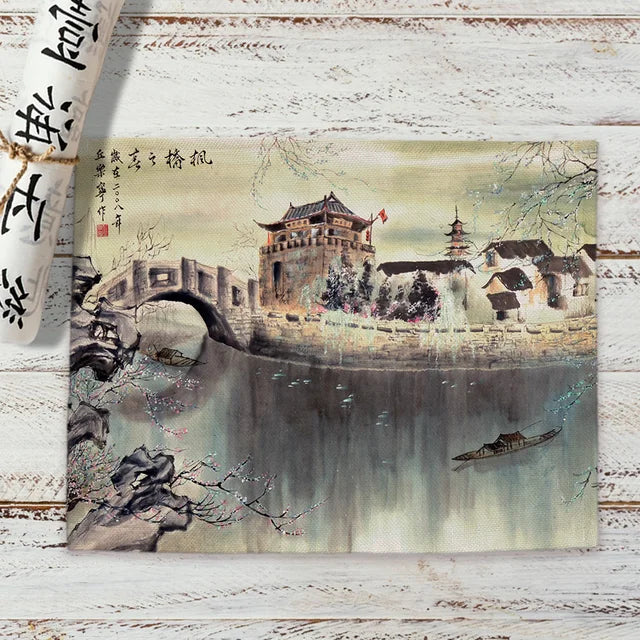 Chinese Landscape Ink Painting Placemat Kitchen Decor Linen Dining Table Mats Coaster Pad Bowl Coffee Cup Mat Tablecloth 42x32CM