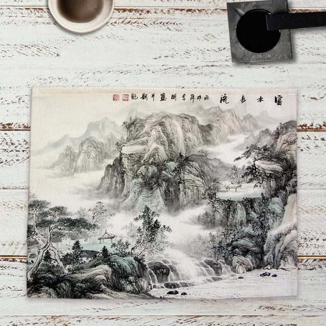 Chinese Landscape Ink Painting Placemat Kitchen Decor Linen Dining Table Mats Coaster Pad Bowl Coffee Cup Mat Tablecloth 42x32CM