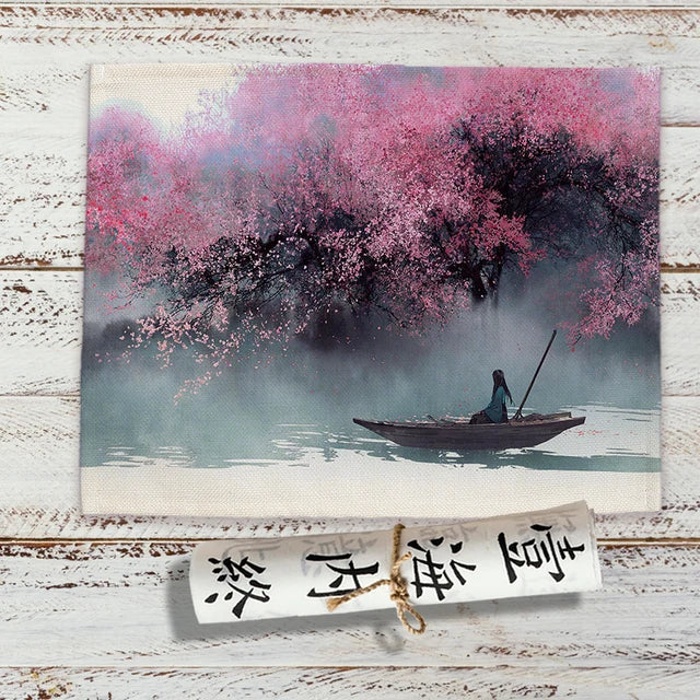 Chinese Landscape Ink Painting Placemat Kitchen Decor Linen Dining Table Mats Coaster Pad Bowl Coffee Cup Mat Tablecloth 42x32CM