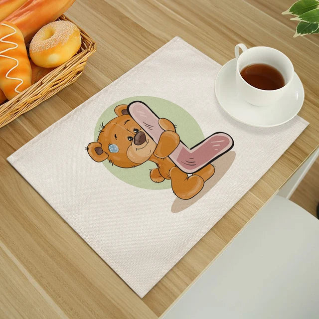 Cute Cartoon Animal Bear Kitchen Placemat for Children Kids English Alphabet A-Z Print Cotton Linen Dining Table Mats Coaster