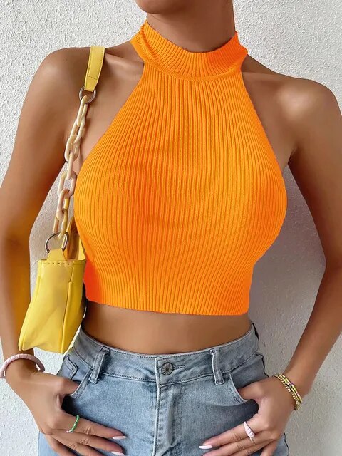 Women Dopamine Basics Solid Casual Sexy Ribbed Knit Sleeveless Corset Halter Crossfit Crop Tops Y2k Clothes Femme Stretch Tank