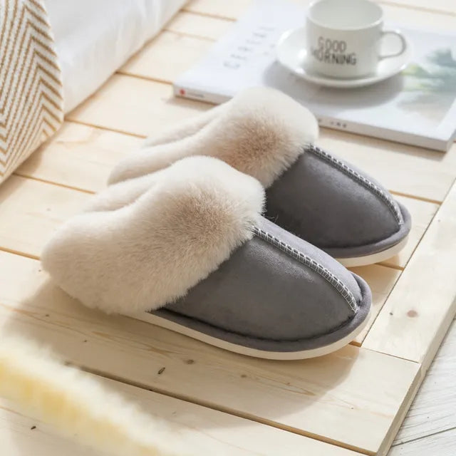 2023 Winter Warm Home Fur Slippers Women Luxury Faux Suede Plush Couple Cotton Shoes Indoor Bedroom Flat Heels Fluffy Slippers