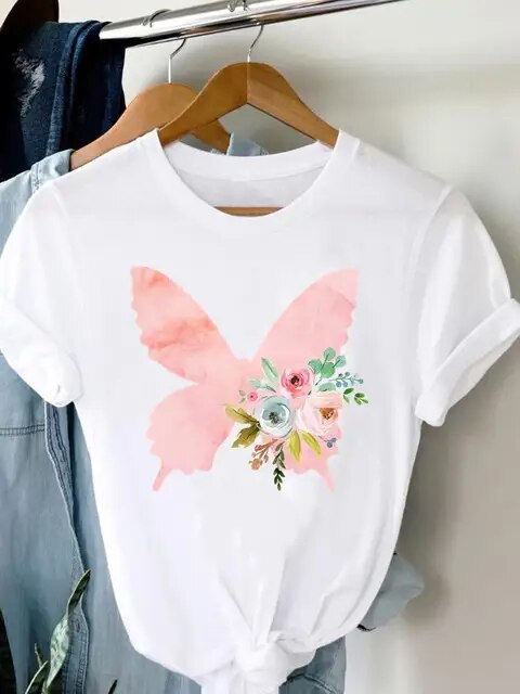 Tee Women T-shirt Summer Short Sleeve Print Clothes Graphic T Shirt Feather Painting Bird Clothing Fashion Female Top