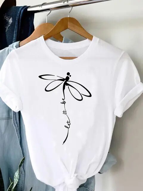 Tee Women T-shirt Summer Short Sleeve Print Clothes Graphic T Shirt Feather Painting Bird Clothing Fashion Female Top