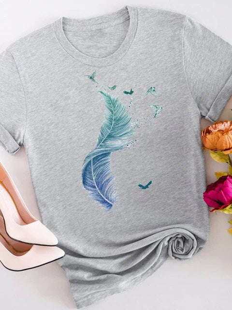 Tee Women T-shirt Summer Short Sleeve Print Clothes Graphic T Shirt Feather Painting Bird Clothing Fashion Female Top