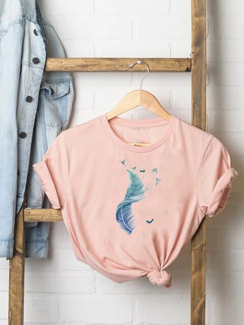 Tee Women T-shirt Summer Short Sleeve Print Clothes Graphic T Shirt Feather Painting Bird Clothing Fashion Female Top