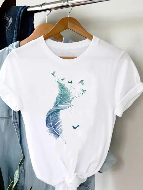 Tee Women T-shirt Summer Short Sleeve Print Clothes Graphic T Shirt Feather Painting Bird Clothing Fashion Female Top