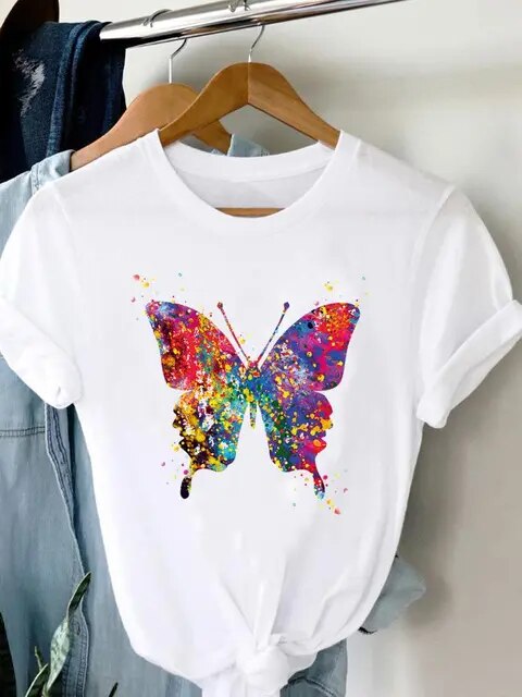 Tee Women T-shirt Summer Short Sleeve Print Clothes Graphic T Shirt Feather Painting Bird Clothing Fashion Female Top