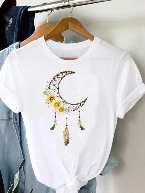 Tee Women T-shirt Summer Short Sleeve Print Clothes Graphic T Shirt Feather Painting Bird Clothing Fashion Female Top