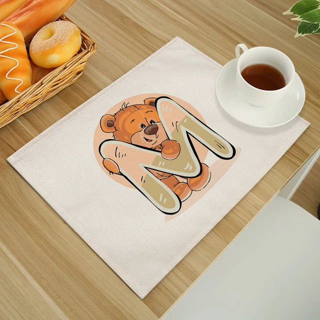 Cute Cartoon Animal Bear Kitchen Placemat for Children Kids English Alphabet A-Z Print Cotton Linen Dining Table Mats Coaster