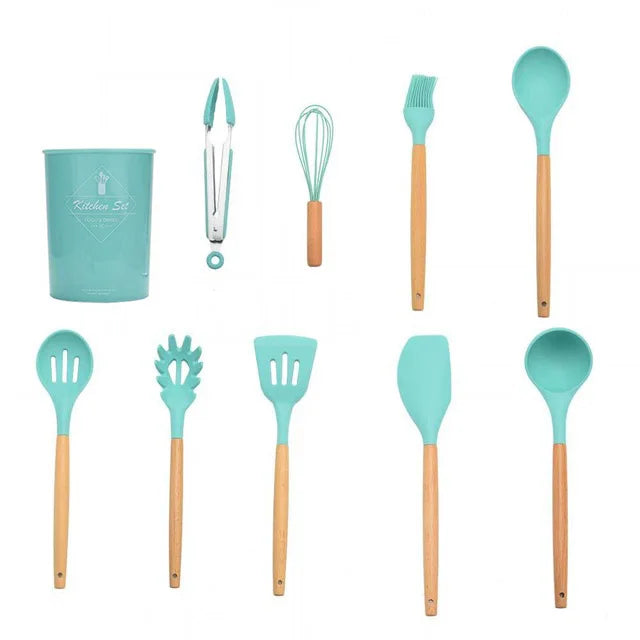 Silicone Kitchenware Cooking Utensils Set Non-stick Cookware Spatula Shovel Egg Beaters Wooden Handle Kitchen Cooking Tool Set