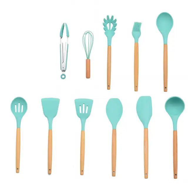 Silicone Kitchenware Cooking Utensils Set Non-stick Cookware Spatula Shovel Egg Beaters Wooden Handle Kitchen Cooking Tool Set