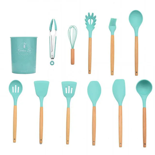 Silicone Kitchenware Cooking Utensils Set Non-stick Cookware Spatula Shovel Egg Beaters Wooden Handle Kitchen Cooking Tool Set