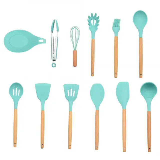 Silicone Kitchenware Cooking Utensils Set Non-stick Cookware Spatula Shovel Egg Beaters Wooden Handle Kitchen Cooking Tool Set