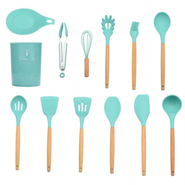 Silicone Kitchenware Cooking Utensils Set Non-stick Cookware Spatula Shovel Egg Beaters Wooden Handle Kitchen Cooking Tool Set