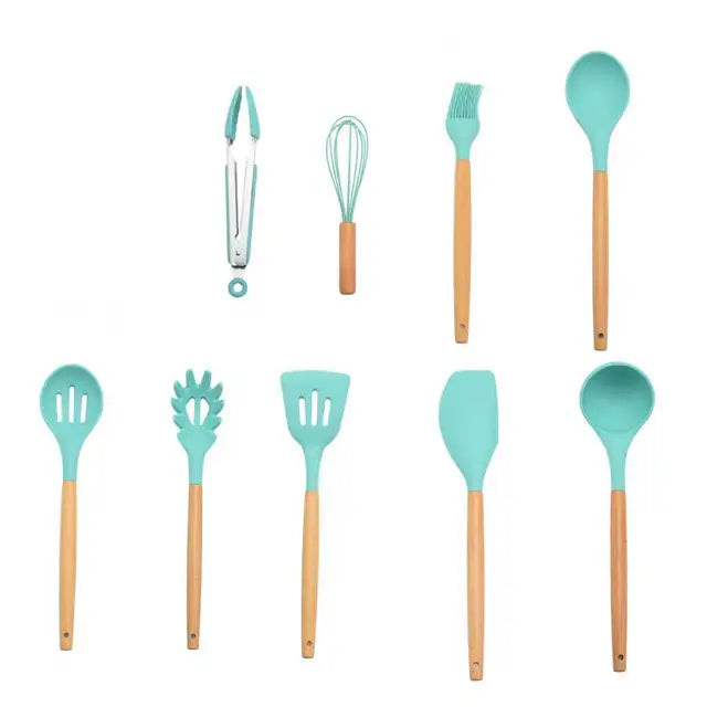 Silicone Kitchenware Cooking Utensils Set Non-stick Cookware Spatula Shovel Egg Beaters Wooden Handle Kitchen Cooking Tool Set